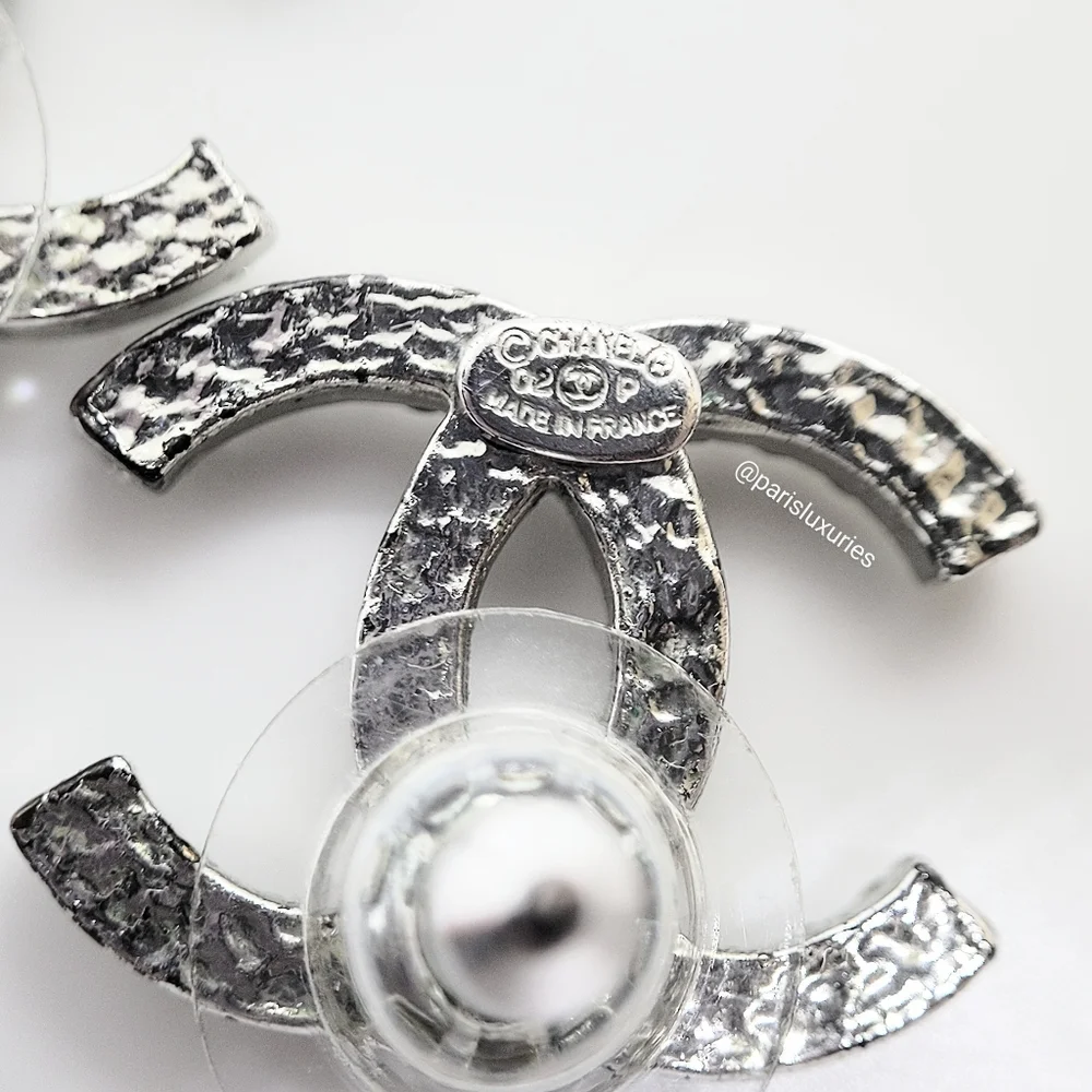 CHANEL Silver Large Crystal CC Classic Earrings